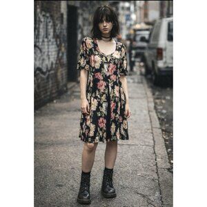 Vtg 90s Y2K Floral Godet Dress Whimsical Sz M Black Pink Fairy Grunge Romantic